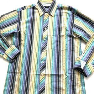 Ted Baker London Men's Shirt Size 15 1/2 Lg Sleeve Button Up Yellow Blue Stripe